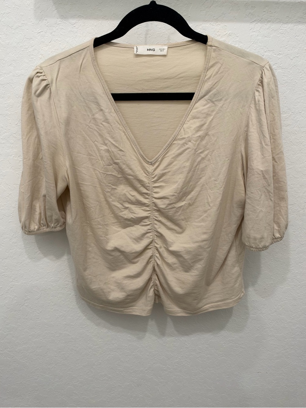 Mango Neutral Beige V-Neck Ruched Puff Sleeve Top